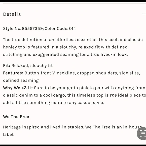 NWOT Free People - We the Free Taylor Henley Small - Picture 3 of 10